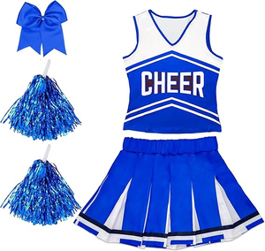 Ensemble uniforme de cheerleading pour filles, haut sans manches à col en V, jupe plissée, nœud, pompon, costume de fête d'Halloween, 100% polyester - Product Image 4