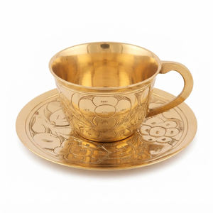 Vintage Hand Engraved Brass <b>Coffee</b> <b>Cup</b> Saucer Set Classical Indian Floral Teacup Drinkware For Home Restaurant Table Decorations - Product Image 1