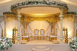 Traditional Double Pillars <b>Wedding</b> Palace Mandap Floral <b>Wedding</b> Mandap with Gold Carved <b>Frame</b> Maharaja Style <b>Wedding</b> Mandap UK - Product Image 5