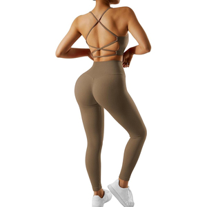 Hot Selling Waterproof Plus Size Ribbed Active Stretch Workout Sets Women 2 Piece Backless Strappy Sports Bra High-Waisted - Product Image 2