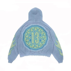Sudadera con capucha de invierno para hombre, estilo urbano, bordada con pedrería, 100% algodón, vintage, desgastada, con cremallera y parche personalizados, corte cropped - Product Image 5