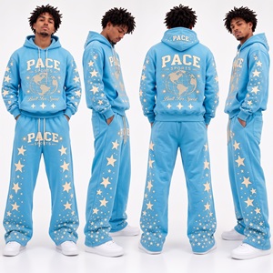 men vintage bubblegum <b>hot</b> <b>pink</b> tracksuit star graphic print pullover hoodie baggy flare sweatpants heavy fleece 2 piece set <b>top</b> - Product Image 2