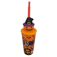 Gobelet Citrouille d'Halloween avec Couvercle Chapeau de Sorcière et Paille pour Fête d'Enfants, Tasse en Plastique Réutilisable, Design Cartoon