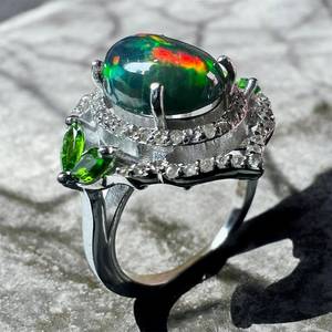 Natural Black Opal Green Tourmaline Cabochon Cocktail <b>Ring</b> in 925 Sterling <b>Silver</b> with Prong Setting Rhodium Plated Luxury Style - Product Image 6