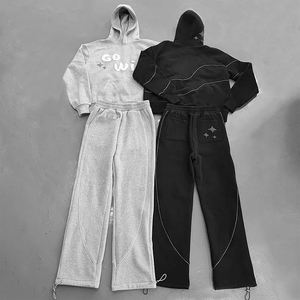 Ensemble survêtement homme grande taille personnalisé, sweat à capuche délavé et pantalon évasé, 100% coton respirant en molleton, motif imprimé pour l'hiver - Product Image 1