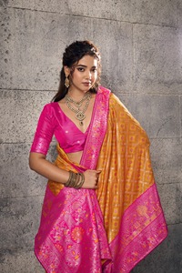 LAMOUNT Senthic-Vayaan <b>Yellow</b> Banarasi Silk <b>Saree</b> Women Luxury Zari Border Modern Designer Wedding Party Wear Traditional Indian - Product Image 2