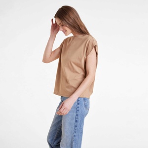 T-shirts unis pour femmes avec logo personnalisé, col rond, manches courtes, haut en tricot, vêtements décontractés d'été, crop top, t-shirt basique pour femmes à manches courtes - Product Image 3