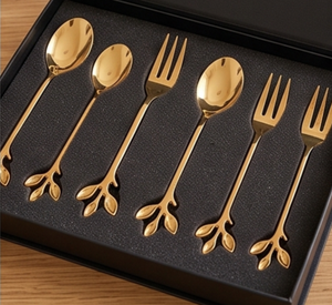 Ensemble de cuillères et fourchettes à dessert en acier inoxydable plaqué or de qualité supérieure avec design de manche en forme de feuille, finition miroir pour la vaisselle de mariage - Product Image 6