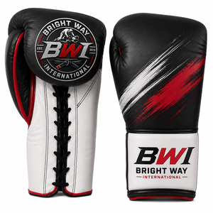 นวมชกมวยหนังแท้สีดำแดง ยี่ห้อ Bright Way International แบบผูกเชือก ระบายอากาศได้ดี สำหรับผู้ใหญ่ ใช้ได้ทั้งชายและหญิง อุปกรณ์ศิลปะการต่อสู้ - Product Image 1