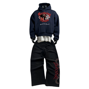 Ensemble sweat à capuche et pantalon de survêtement pour homme, coupe ample, effet délavé, imprimé design personnalisé, style mode - Product Image 1