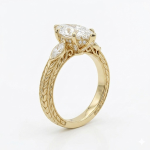 Vintage Marquise Engagement Ring Lab Grown Diamond 14K Gold Hand Engraved Heirloom Ring Filigree Wheat Band with Milgrain Edges - Product Image 3