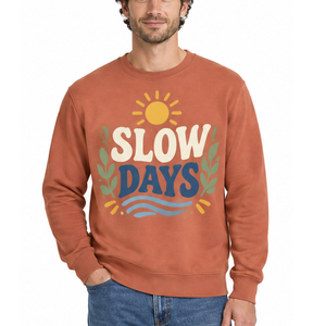 OEM Custom Rust Orange <b>Fleece</b> <b>Sweatshirt</b> Vintage Nature Sun Wave Screen Print Slow Days Slogan Casual <b>Sweatshirt</b> - Product Image 1