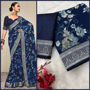 FANTAISIE GEORGETTE IMPRIMÉ FLORAL JACQUARD DENTELLE BORDURE TRAVAIL SAREE AVEC BLOUSE INCOSÉE BLEU MARINE - Product Image 1