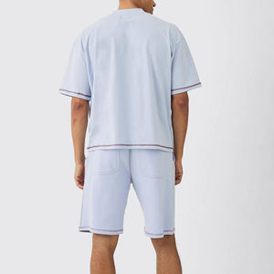 Conjunto de Camiseta y Pantalones Cortos de Algodón Azul Claro para Hombre, Cuello Redondo, Color Sólido, Ropa Casual de Verano con Diseño de Bolsillo - Product Image 2