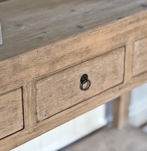 โต๊ะคอนโซลไม้โค้งสไตล์เรโทร พร้อมชั้นวางแบบเปิด 3 ลิ้นชัก ตกแต่งด้วยไม้เนื้อแข็ง สำหรับโรงแรม โต๊ะโซฟาทรงกลมพร้อมหูจับวงแหวน - Product Image 5