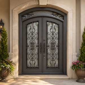 Porte d'entrée double en fer forgé gris de luxe avec cadre en arc à motifs gravés et verre dépoli pour entrée de villa - Product Image 2