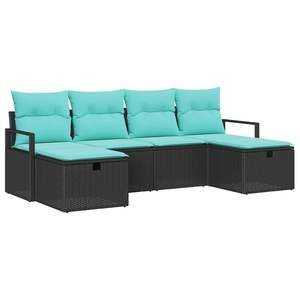Ensemble de jardin en polyrotin noir et turquoise 6 pièces avec coussins, ensemble de canapés - Product Image 2