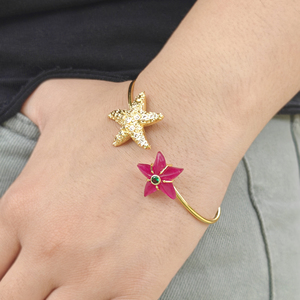Ocean Beach Summer Jewelry 18k Gold Plated Brass Starfish Open Cuff <b>Bracelet</b> with Black Onyx <b>Ruby</b> Jade Stone Prong Set Jewelry - Product Image 2
