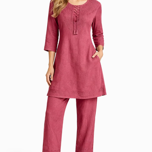 ชุดเซ็ตเสื้อและกางเกงผ้าวิสโคสปักลายสำหรับผู้หญิง สองชิ้น ผู้ผลิตเสื้อและกางเกงลำลอง คอกลม - Product Image 1