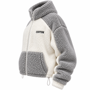 Veste à capuche zippée unisexe en polaire Sherpa 300g, style Color Block, coupe oversize, hiver décontracté, noir et gris, avec poches, anti-boulochage - Product Image 3