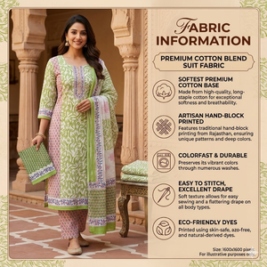 Traje Punjabi Ecológico Blanco y Verde con Estampado Floral |   Conjunto de Kurti y Pijama de Algodón Hecho a Mano con Estampado de Bloques y Borde Decorativo |   Maestro de Sarong Indio - Product Image 5