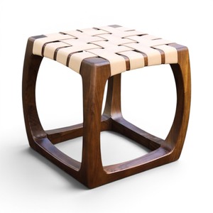 Indonesian Handmade Teak <b>Wood</b> <b>Stool</b> with Woven Leather Straps Seat Contemporary Accent Chair for Home Decor Indoor Outdoor Use - Product Image 1