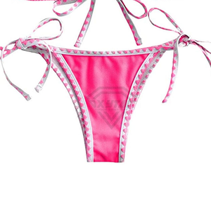 Ensemble bikini rose deux pièces avec bordure contrastée et cordon de serrage, maillots de bain sexy pour l'été, vêtements de plage pour femmes - Product Image 4