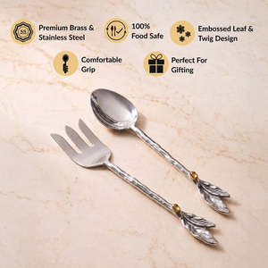 Ensemble de couverts en acier inoxydable Royal European avec poignée en forme de feuille, finition miroir, accent doré, légers, compatibles lave-vaisselle, cuillère et fourchette de service - Product Image 2