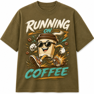 T-shirt noir pour homme à manches longues, col rond, coupe décontractée, respirant, 100% coton, imprimé par transfert thermique motif 'Feel Rhythm Running Coffee Cartoon' - Product Image 1