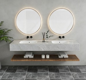 Meuble-lavabo mural rectangulaire en marbre poli avec double vasque et étagère de rangement en bois pour salle de bain, style minimaliste - Product Image 1
