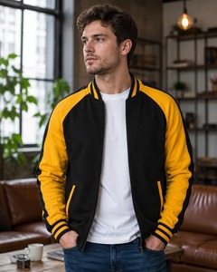 <b>Men's</b> Black And <b>White</b> Varsity <b>Jacket</b> Zipper Closure Casual Style Autumn Wear Regular Fit Solid Color Polyester Material - Product Image 5
