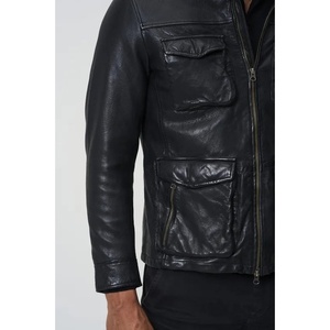 Veste Homme Slim Fit 100% Cuir de Mouton Véritable, Style Motard Vintage, Cuir Ciré Grainé, Col Montant, Quatre Poches - Product Image 5