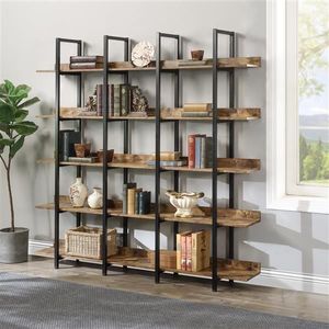 Vintage Industrial Style 5 Tier Bookcase with <b>Open</b> Bookshelf Home Office Metal Frame MDF Board Video Product - Product Image 2