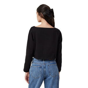 Camiseta de Punto Personalizada para Mujer, Color Negro Sólido, Manga Larga, Cuello Redondo, Corte Recortado, Ajuste Holgado, Informal, para Todas las Temporadas, 100% Algodón Transpirable - Product Image 2