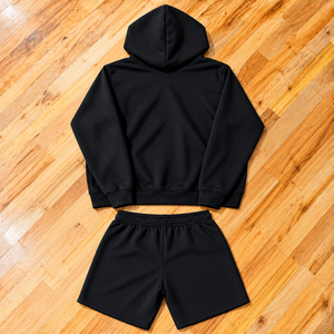 Solid Black Printed Zip-Up <b>Hoodie</b> Tracksuit <b>Set</b> with <b>Shorts</b> <b>and</b> Long Pants Anti-Pilling Polyester/Cotton Winter - Product Image 3