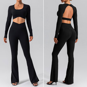 Conjunto de Top Corto de Manga Larga Verde Oliva para Mujer con Pantalones Acampanados, Tejido Minimalista de Spandex y Poliéster, Cuello Redondo, Color Sólido - Product Image 6
