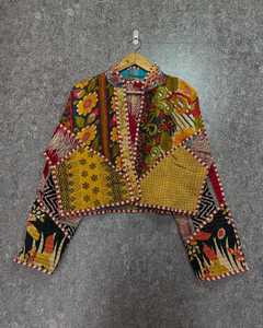 Vintage Reversible Kantha <b>Jacket</b> Women Embroidered Quilted Coat Patchwork Cropped Outerwear - Product Image 4