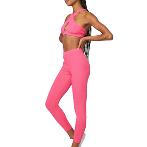 Women's <b>Pink</b> Yoga <b>Set</b> 2 Piece Halter Neck Solid Color High Waist Full Length Leggings Stretch Fitness Wear - Product Image 1