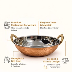 Copper Hammered Stock Pot Kadhai <b>Wok</b> With Antique Brass Handles Durable Kitchenware - Product Image 2
