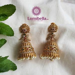Chandelier Drop Hoop Earrings-Ethnic Religious Brass Jhumkis with Zircon and Pearl - Product Image 2