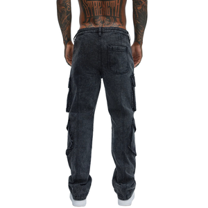 Pantalones Vaqueros Cargo Negros para Hombre, Corte Recto, Multibolsillos, Estilo Utilitario, Lavado Vintage, Casual, Streetwear, 100% Algodón, con Botones - Product Image 2