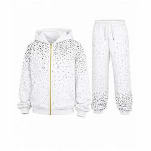 Ensemble de survêtement pour homme en coton 100% avec strass blancs, à capuche et cordon de serrage, écologique, manches longues, décontracté, respirant, pour l'hiver, coupe classique - Product Image 1