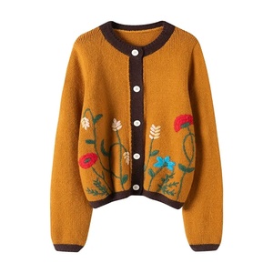 Cárdigan de Punto para Mujer, Bordado Floral, Cuello Redondo, Botones al Frente, Manga Larga, Abrigo Informal de Otoño, Corto - Product Image 1