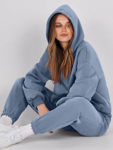 Women's Blue Hooded Sweatshirt Set Loose Fit Solid Color Fleece Two Piece Casual Outfit Full Length Pants and Long Sleeve <b>Top</b> - Product Image 1