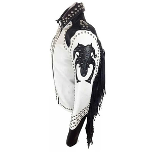 Premium White Genuine Leather Men <b>Rhinestone</b> Fringe <b>Jacket</b> Studded Flame Style Moto Biker <b>Jacket</b> OEM Customization Available - Product Image 6