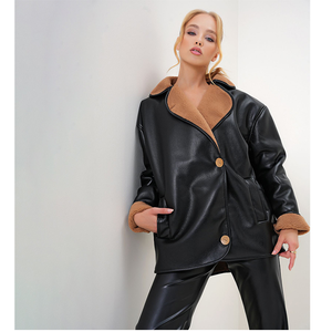 Blouson bomber en faux daim pour femme avec col et poignets en fourrure, manteau court d'hiver épais et coupe-vent pour femme - Product Image 3