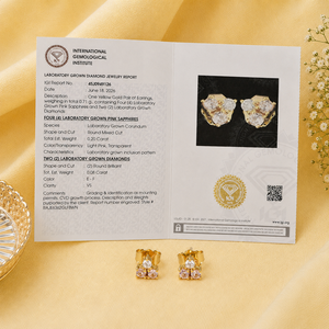 Boucles d'oreilles en or massif 14 carats certifiées IGI avec diamant de laboratoire et saphir Padparadscha pour femmes, fabricant de bijoux sur mesure - Product Image 6