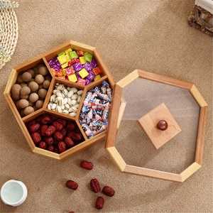 Hexagonal Solid Wood Dry Fruit <b>Box</b> with <b>Clear</b> Acrylic Window <b>Lid</b> 6 Compartment Nut Storage Case Oriental Style Snack Tray - Product Image 5