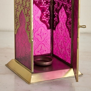 Opulent <b>Gold</b> Metal Moroccan <b>Lantern</b> with Pink Embossed Glass Decorative Candle Holder for Ramadan Home Decor - Product Image 3