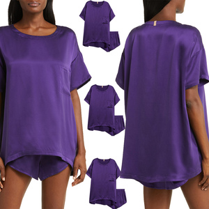 Conjunto de Pijama de Dos Piezas de Manga Corta en Color Personalizado, Ropa de Dormir de Seda y Satén Cómoda, Diseño Personalizado, Pantalones y Camiseta para Mujer - Product Image 4